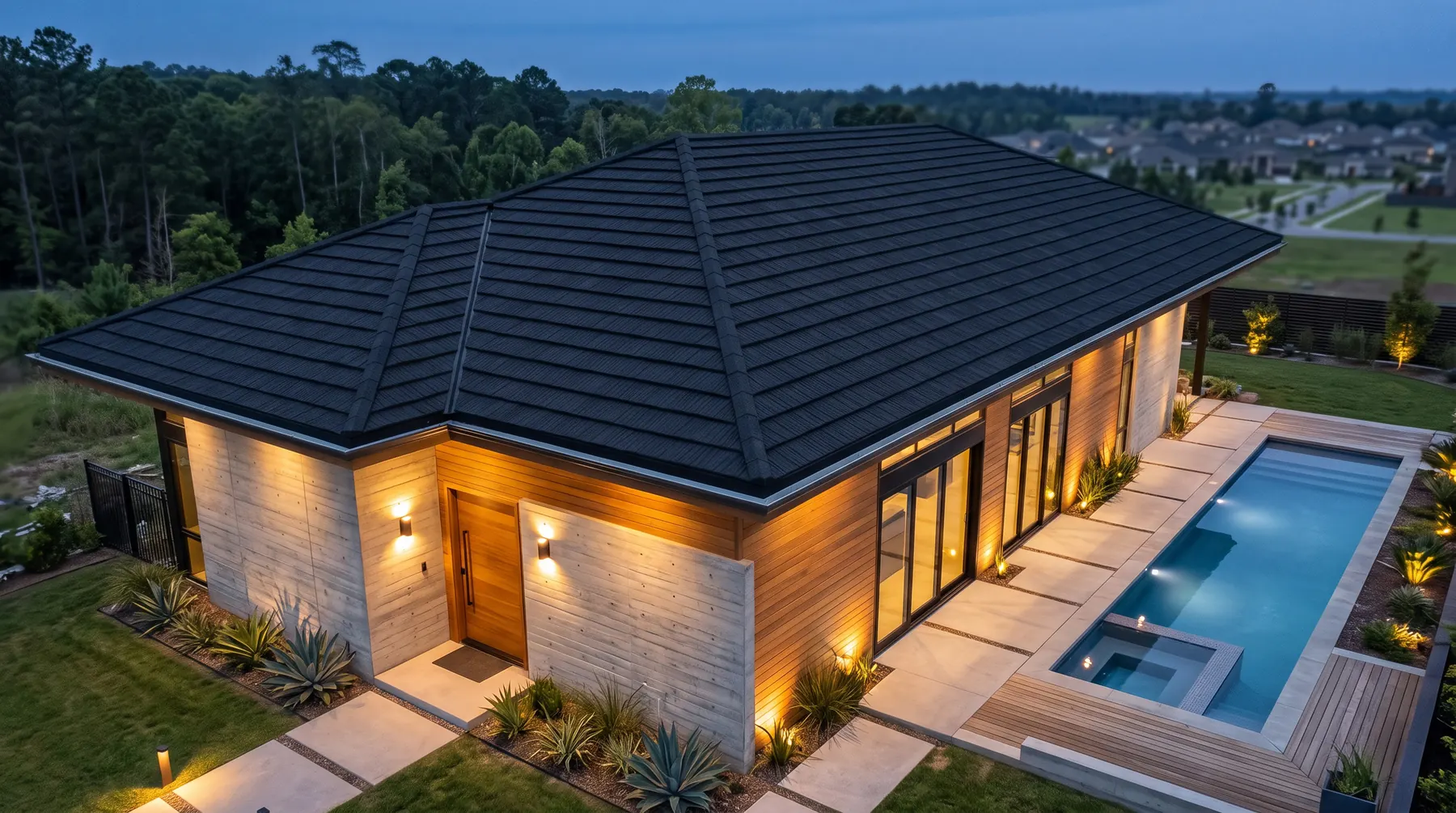 Casa com piscina e telhado Rock Steel Onix Black ao entardecer